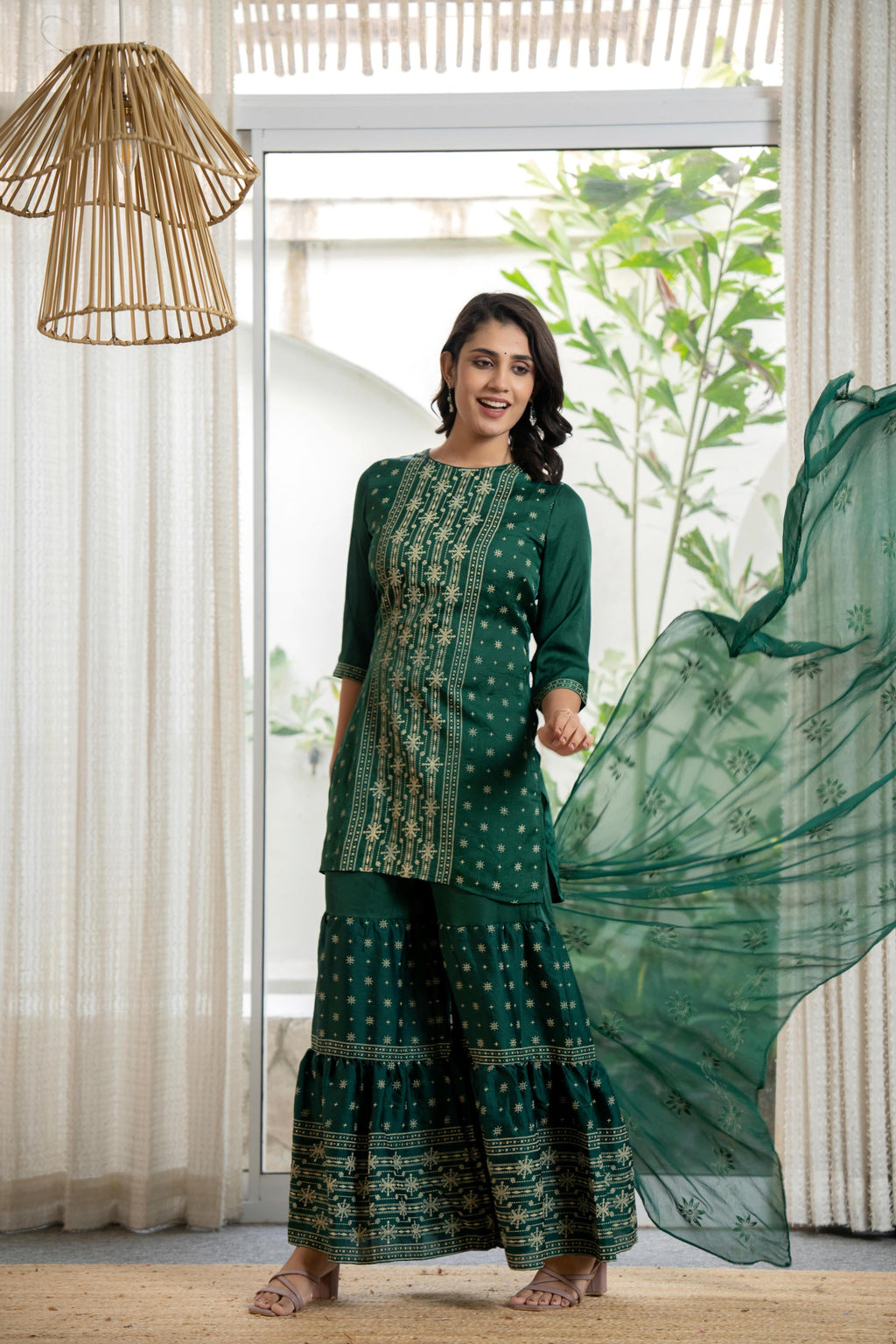 Juniper Women's Green Viscose Rayon Self Design Sharara Set | Grocsy