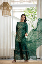 Juniper Women's Green Viscose Rayon Self Design Sharara Set | Grocsy