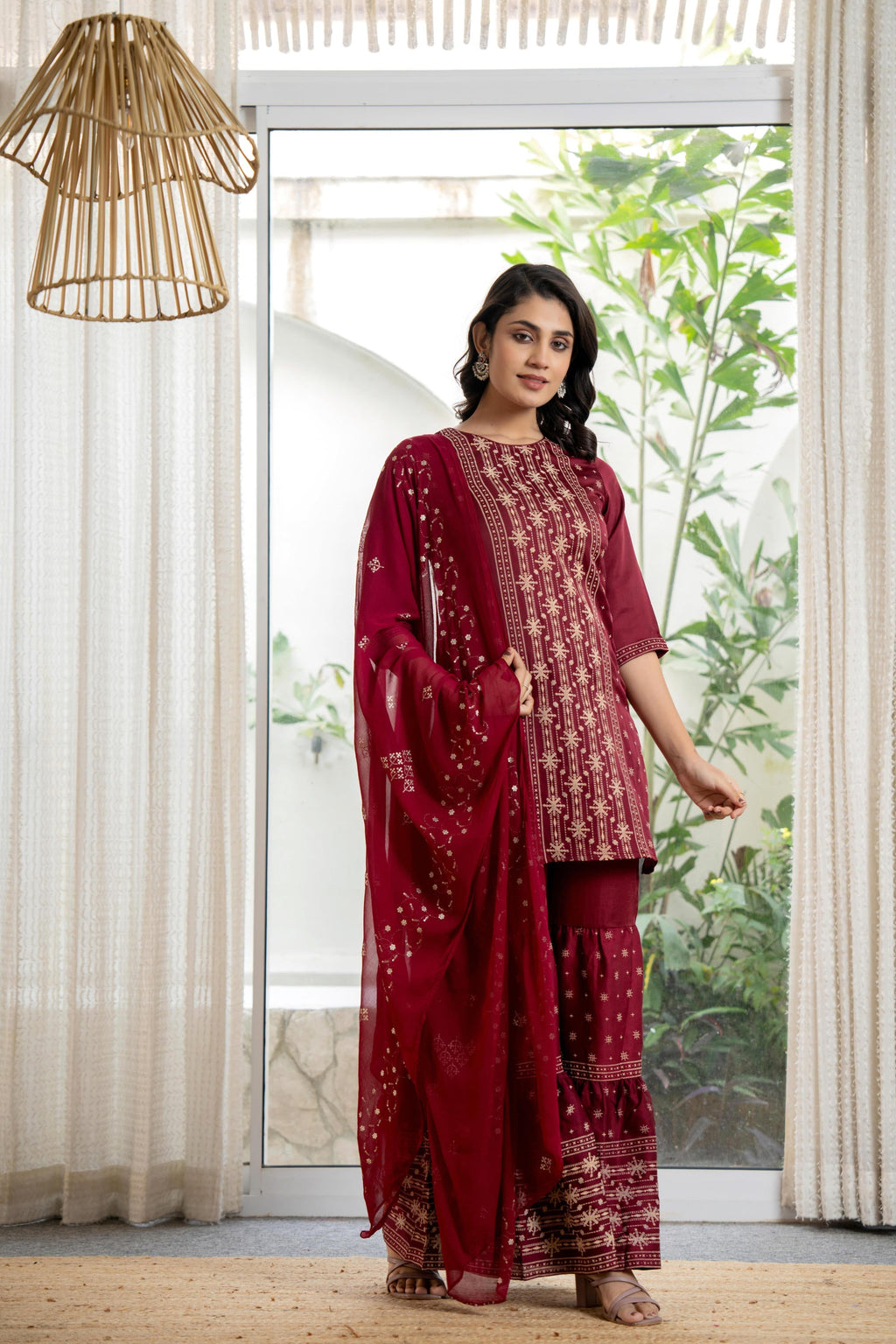 Juniper Women's Maroon Viscose Rayon Solid Sharara Set | Grocsy