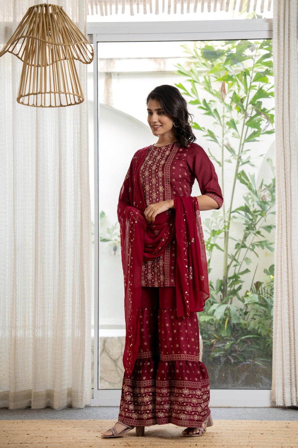Juniper Women's Maroon Viscose Rayon Solid Sharara Set | Grocsy