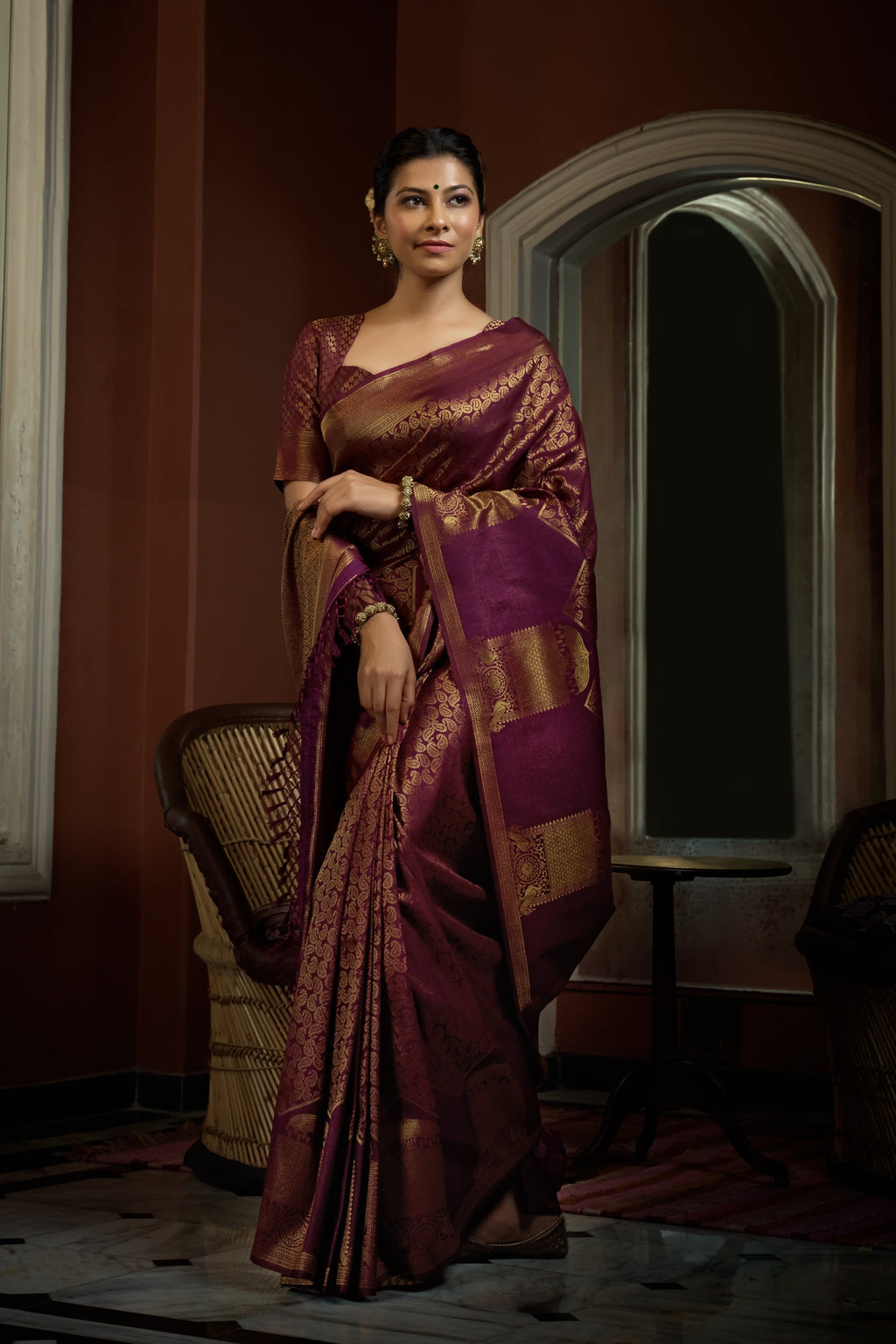 Vardha Tyrian Wine Golden Zari Kanjeevaram Silk Saree | Grocsy
