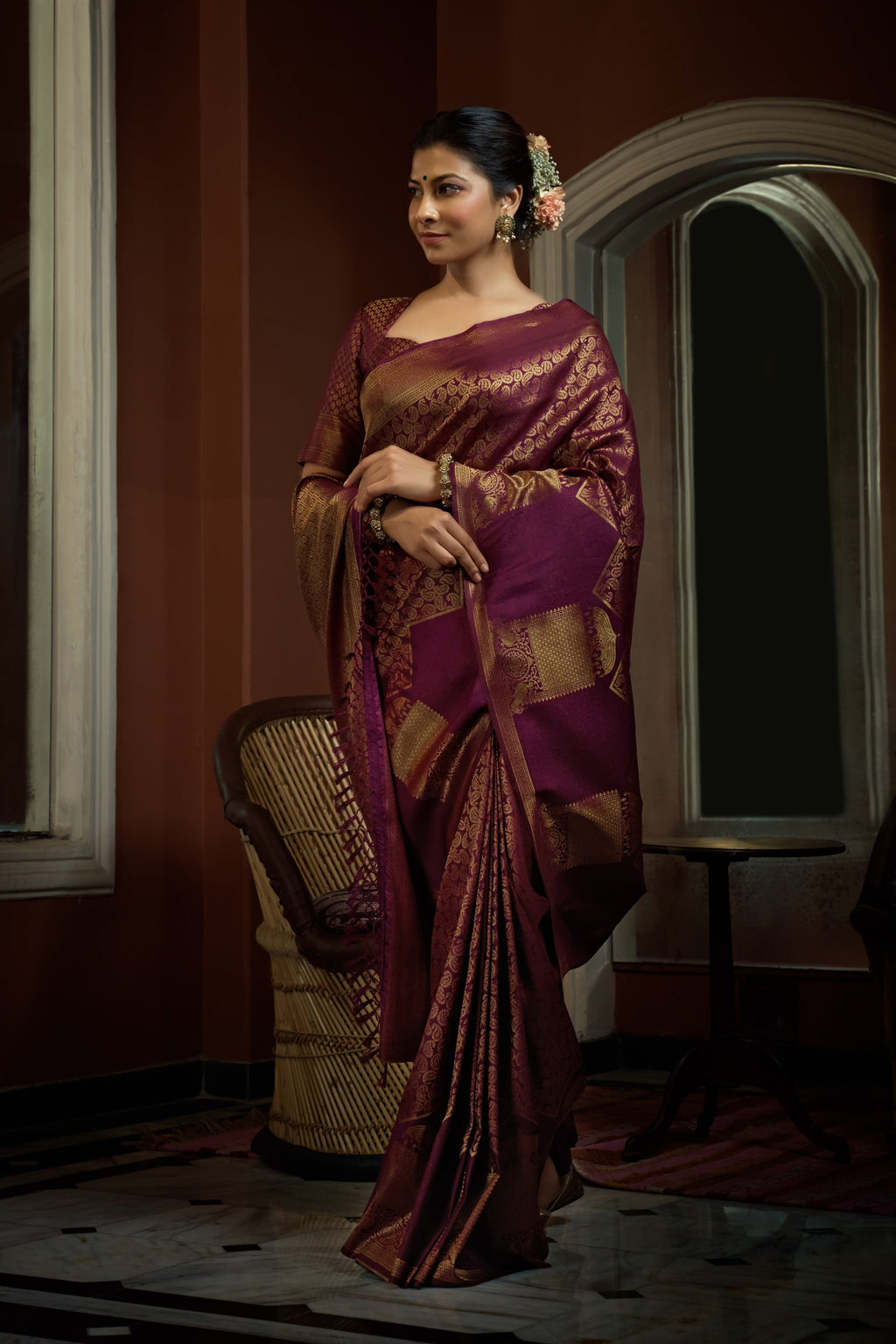 Vardha Tyrian Wine Golden Zari Kanjeevaram Silk Saree | Grocsy