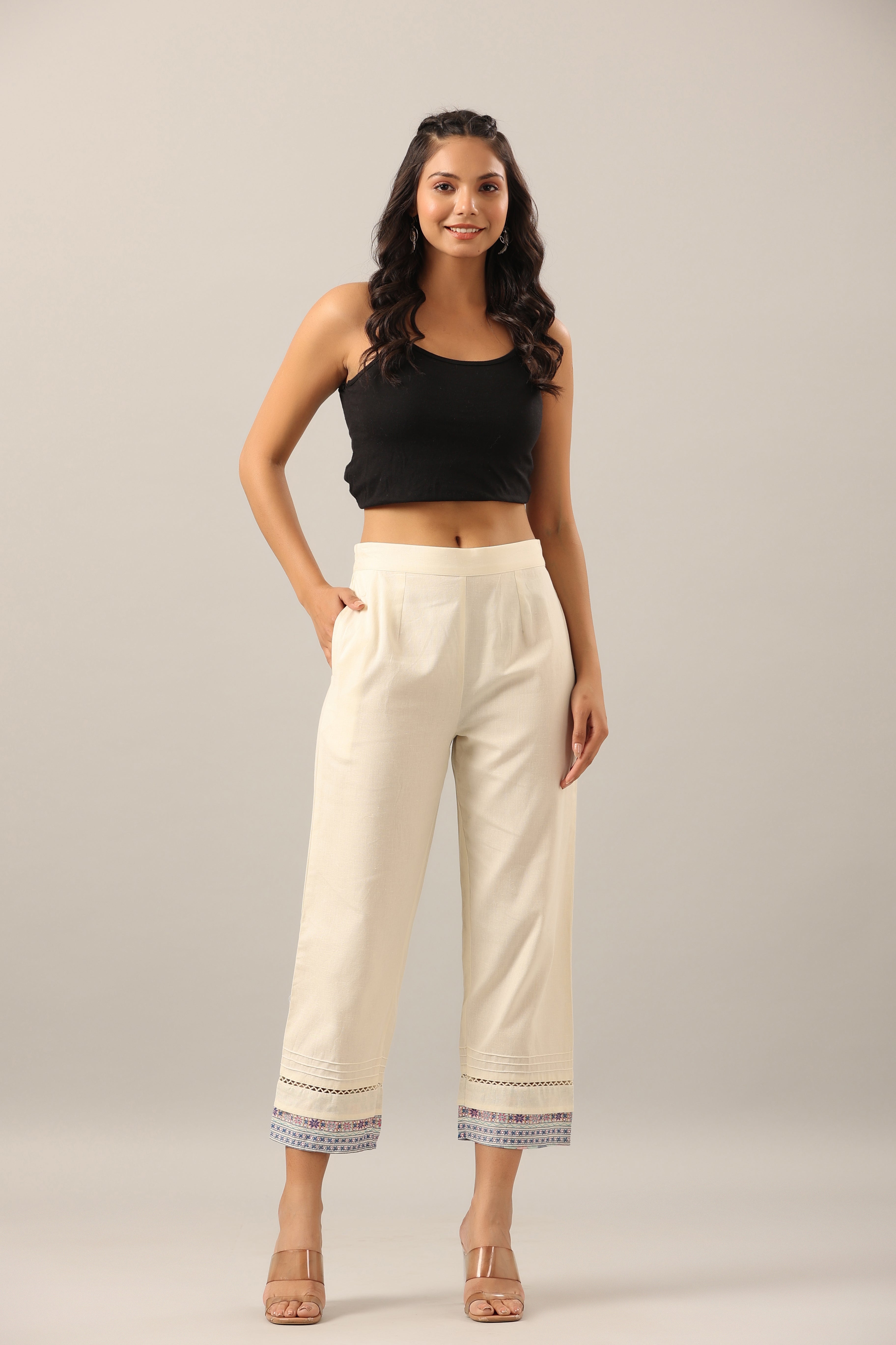 Juniper Women's Off-White Solid Cotton Flex Pants With Printed Hem, Pintucks & Lace Work | Grocsy