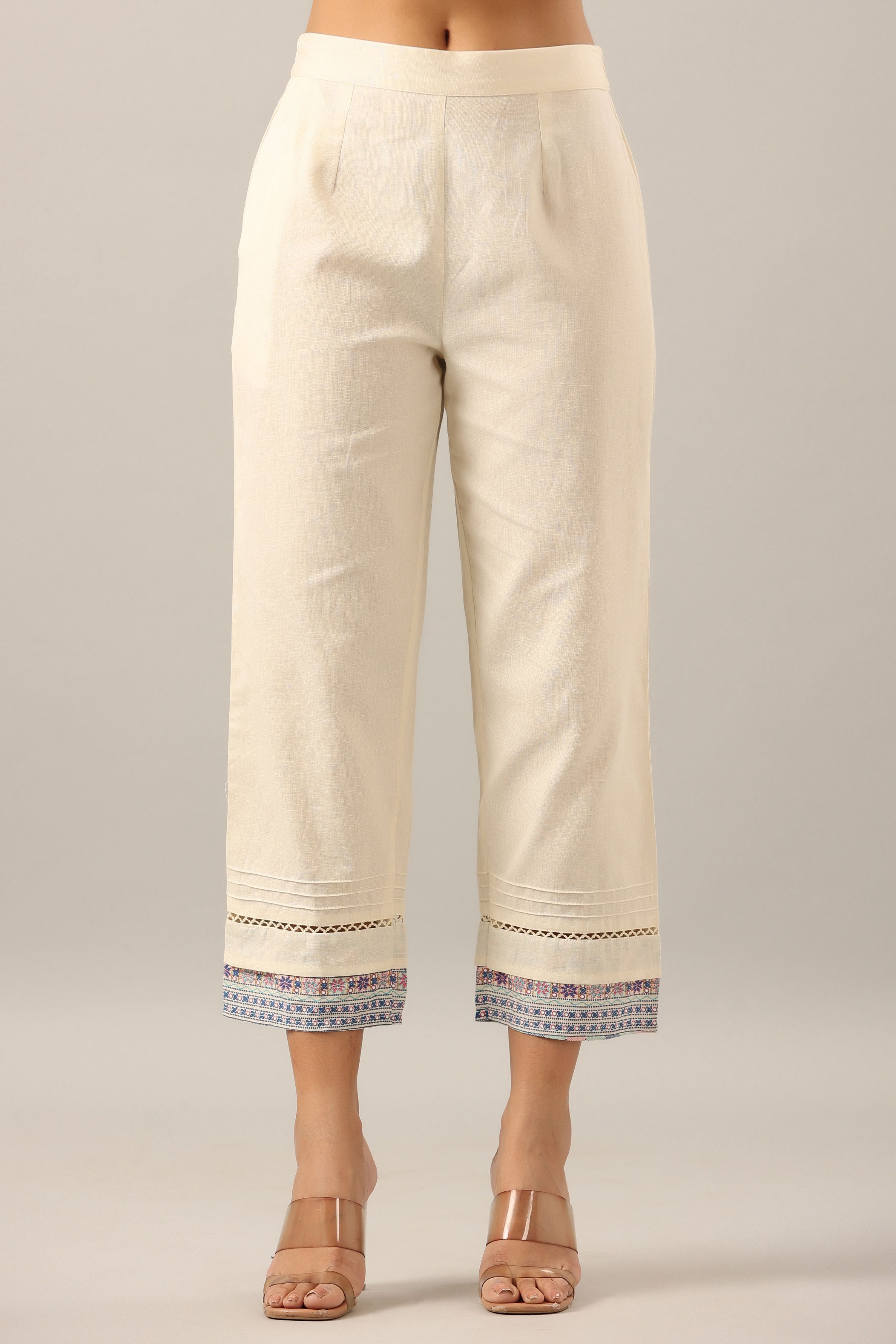 Juniper Women's Off-White Solid Cotton Flex Pants With Printed Hem, Pintucks & Lace Work | Grocsy