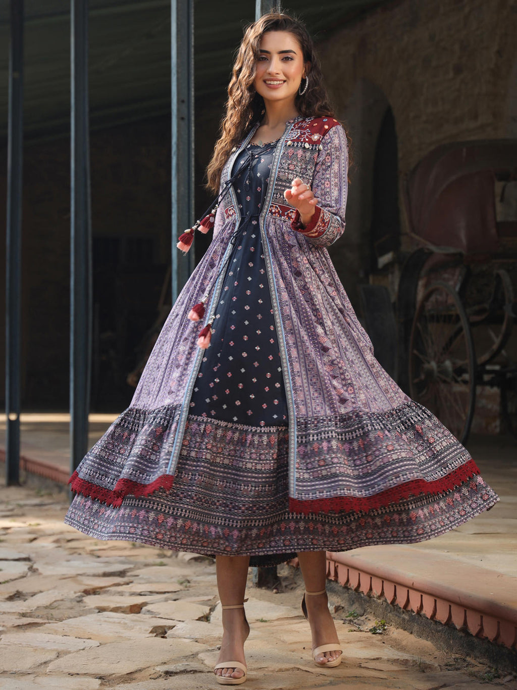 Juniper Women's Juniper Women's Lavender Cambric Printed With Embroidery Flared Dress | Grocsy