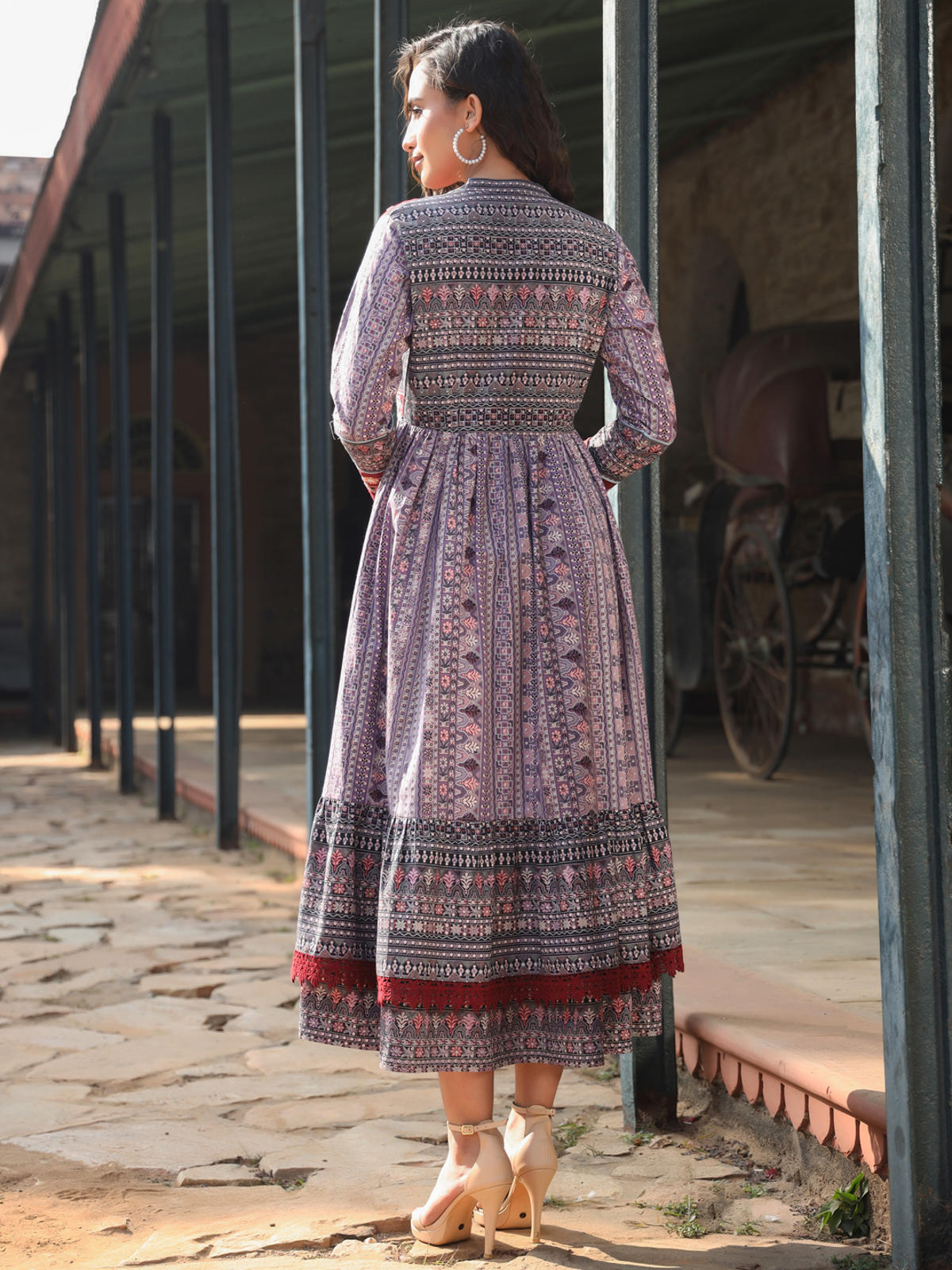 Juniper Women's Juniper Women's Lavender Cambric Printed With Embroidery Flared Dress | Grocsy