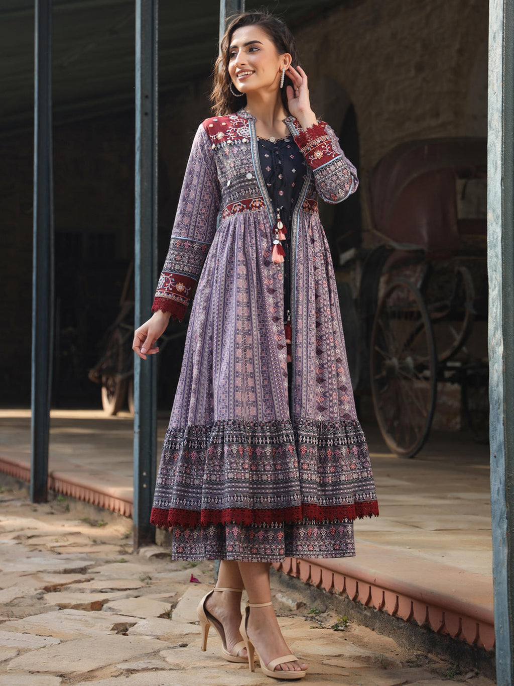 Juniper Women's Juniper Women's Lavender Cambric Printed With Embroidery Flared Dress | Grocsy