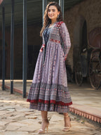 Juniper Women's Juniper Women's Lavender Cambric Printed With Embroidery Flared Dress | Grocsy