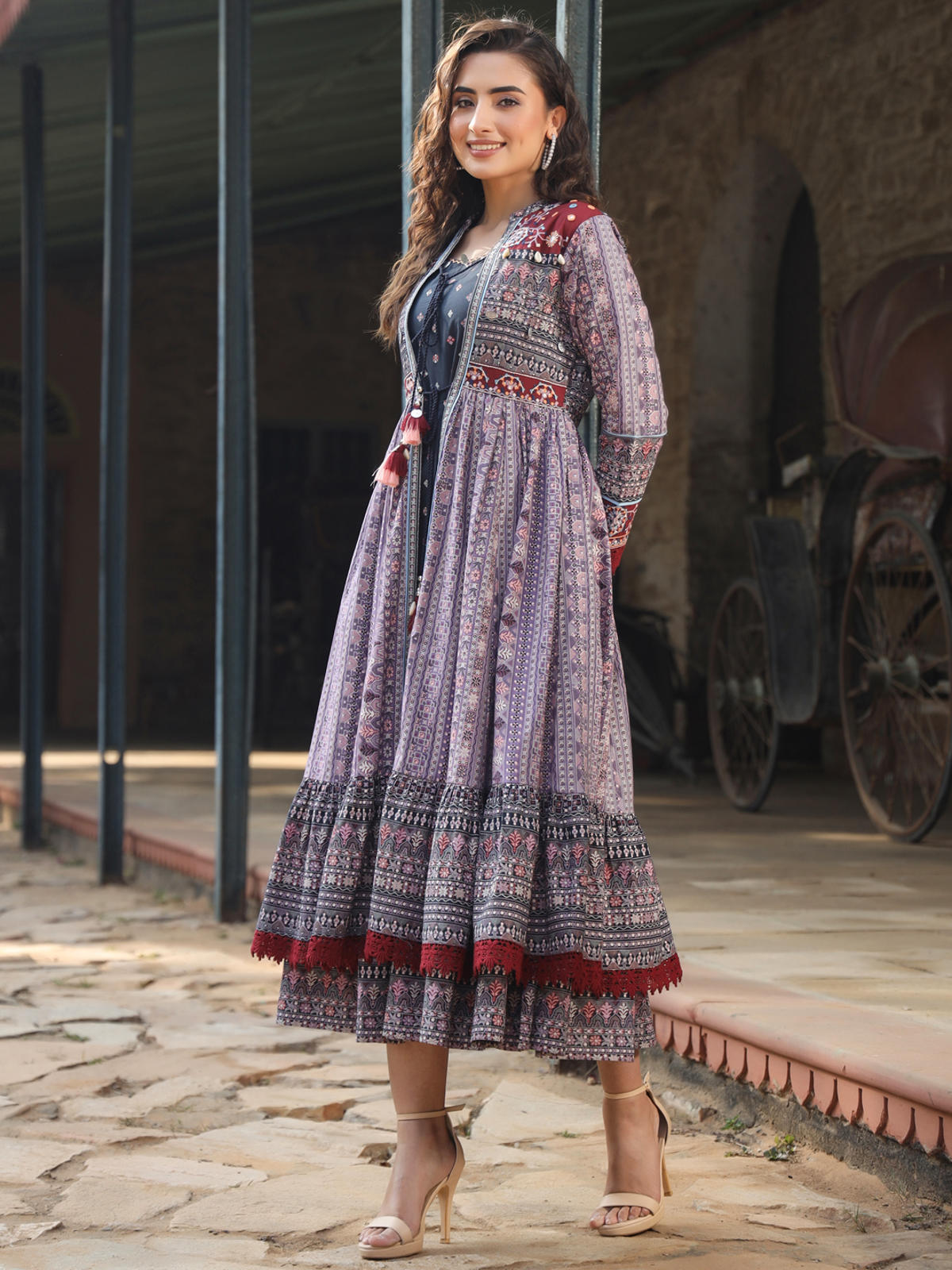 Juniper Women's Juniper Women's Lavender Cambric Printed With Embroidery Flared Dress | Grocsy
