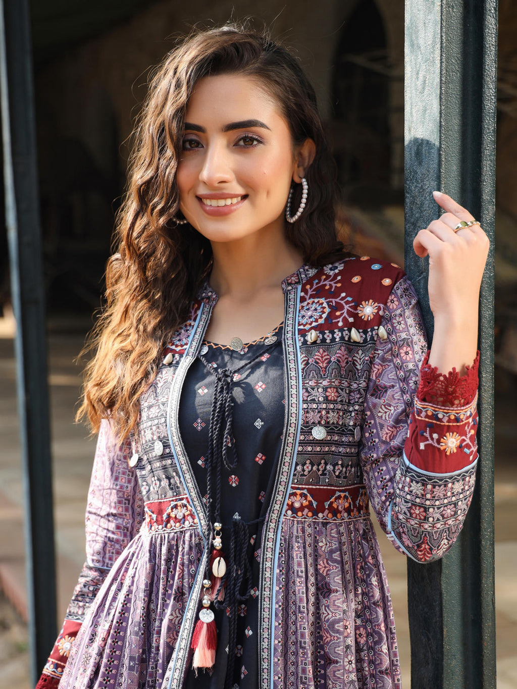 Juniper Women's Juniper Women's Lavender Cambric Printed With Embroidery Flared Dress | Grocsy