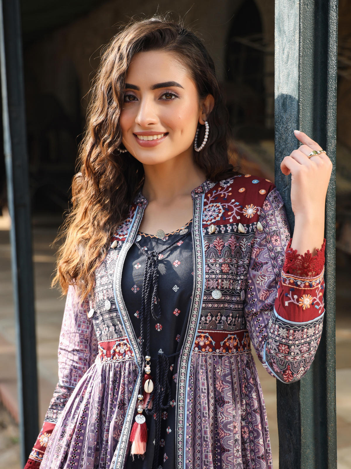 Juniper Women's Juniper Women's Lavender Cambric Printed With Embroidery Flared Dress | Grocsy