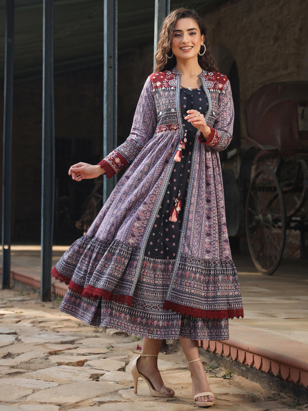 Juniper Women's Juniper Women's Lavender Cambric Printed With Embroidery Flared Dress | Grocsy
