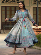 Juniper Women's Juniper Women's Sky Blue Cambric Printed With Embroidery Flared Dress | Grocsy