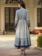 Juniper Women's Juniper Women's Sky Blue Cambric Printed With Embroidery Flared Dress | Grocsy