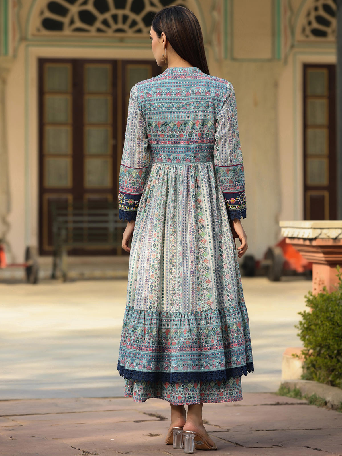 Juniper Women's Juniper Women's Sky Blue Cambric Printed With Embroidery Flared Dress | Grocsy