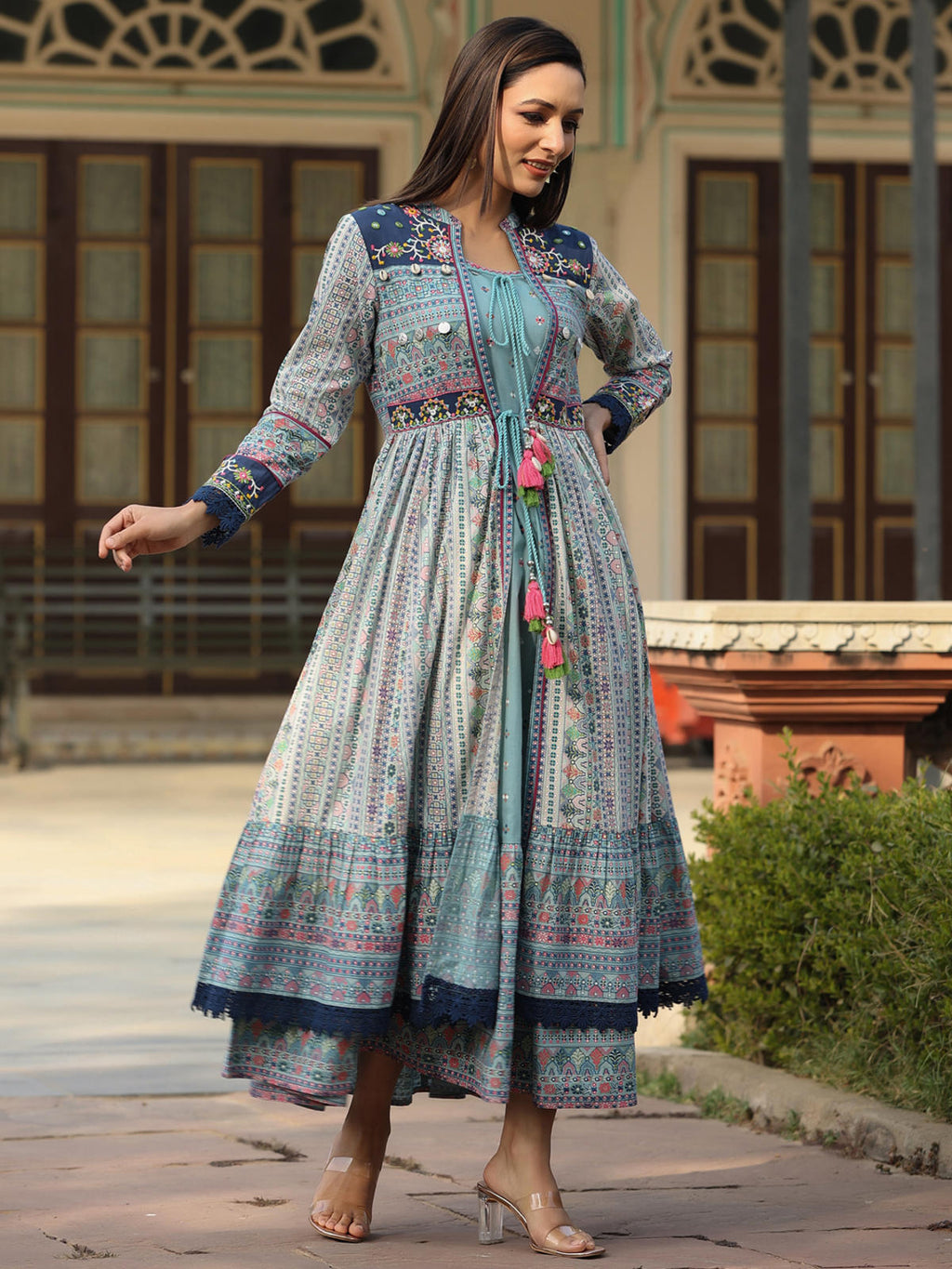 Juniper Women's Juniper Women's Sky Blue Cambric Printed With Embroidery Flared Dress | Grocsy