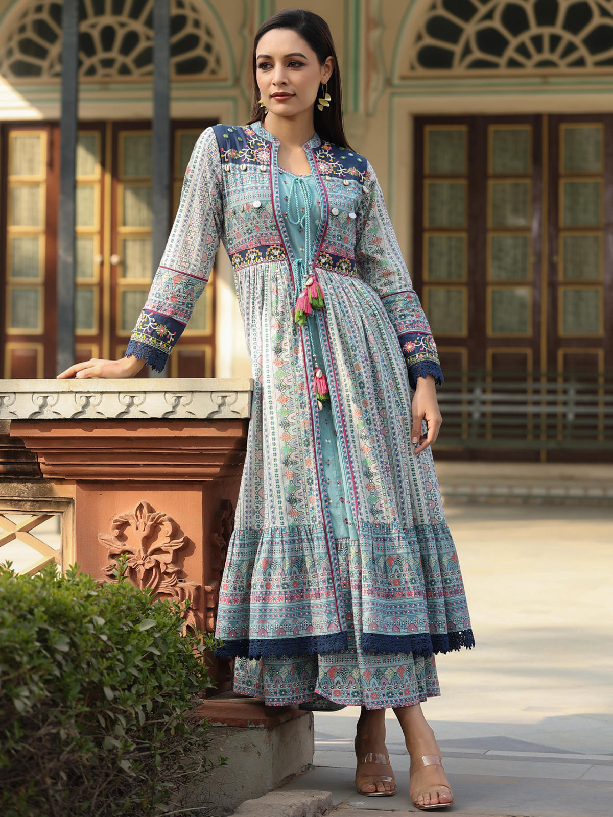 Juniper Women's Juniper Women's Sky Blue Cambric Printed With Embroidery Flared Dress | Grocsy