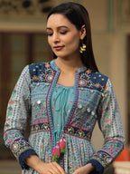 Juniper Women's Juniper Women's Sky Blue Cambric Printed With Embroidery Flared Dress | Grocsy