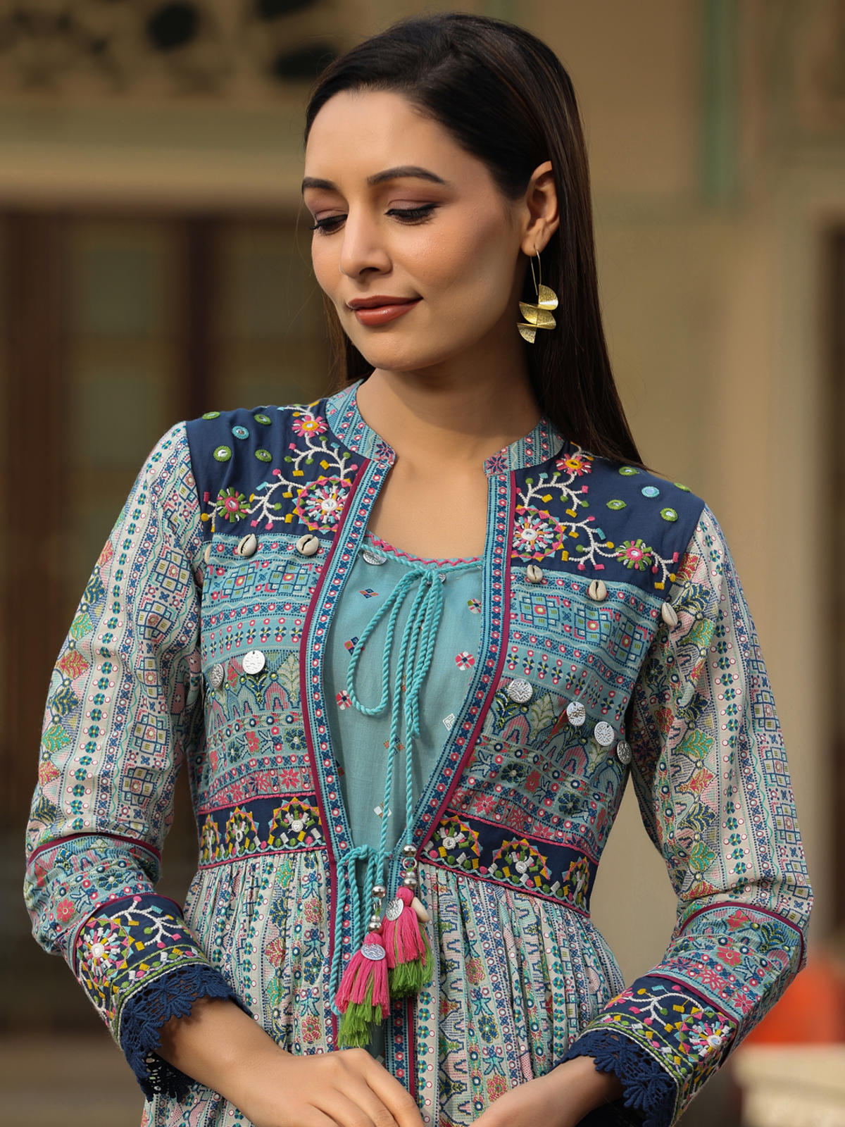 Juniper Women's Juniper Women's Sky Blue Cambric Printed With Embroidery Flared Dress | Grocsy