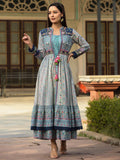 Juniper Women's Juniper Women's Sky Blue Cambric Printed With Embroidery Flared Dress | Grocsy