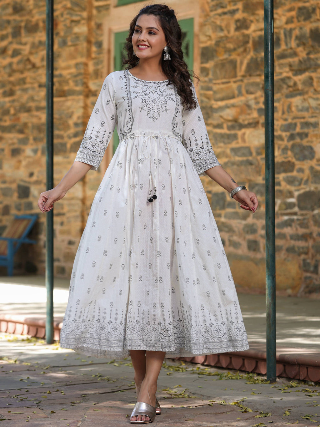 Juniper White Pure Cotton Printed Kurta, Sharara & Dupatta Set With Beads & Sequins | Grocsy