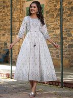 Juniper White Pure Cotton Printed Kurta, Sharara & Dupatta Set With Beads & Sequins | Grocsy