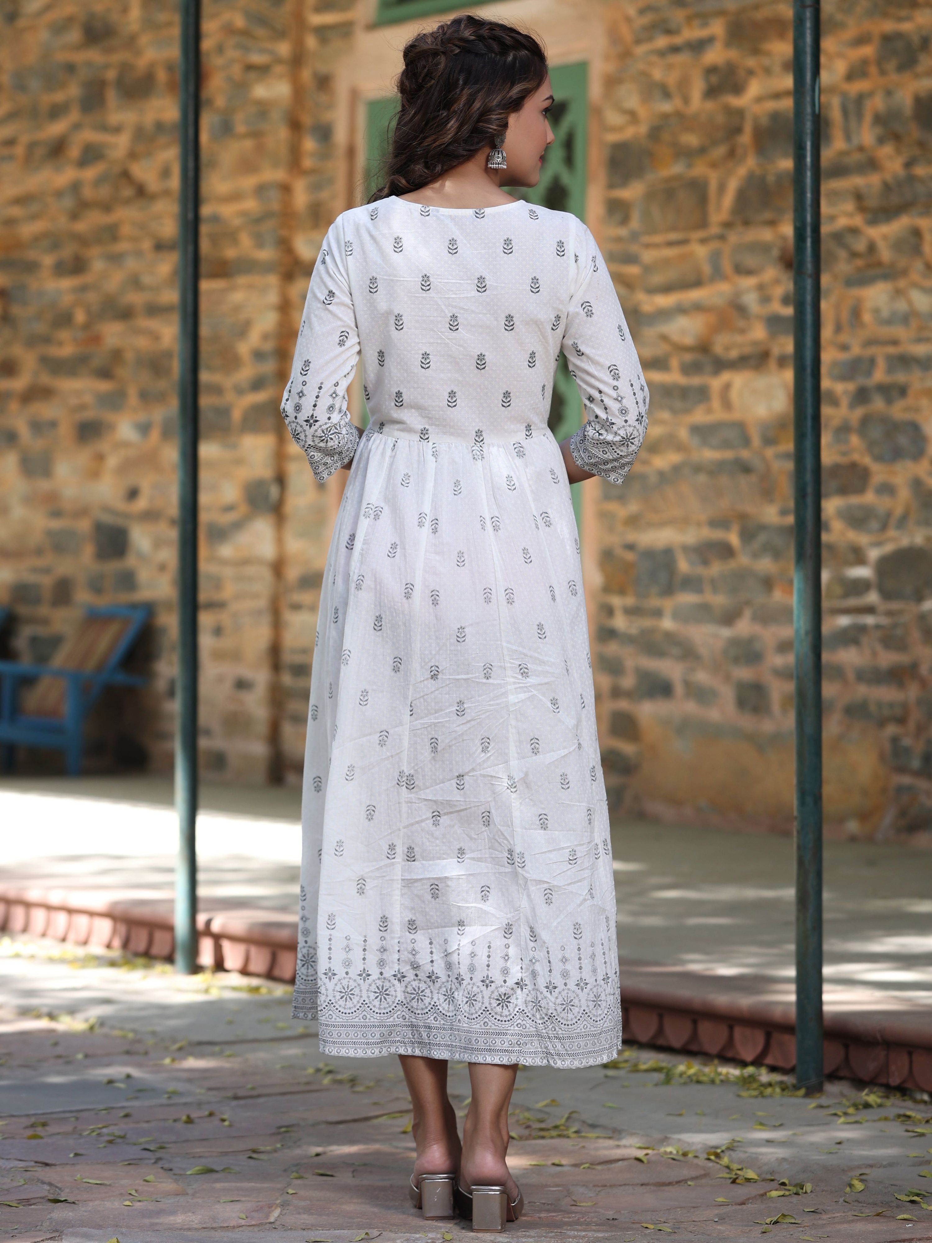 Juniper White Pure Cotton Printed Kurta, Sharara & Dupatta Set With Beads & Sequins | Grocsy