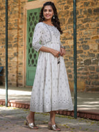 Juniper White Pure Cotton Printed Kurta, Sharara & Dupatta Set With Beads & Sequins | Grocsy