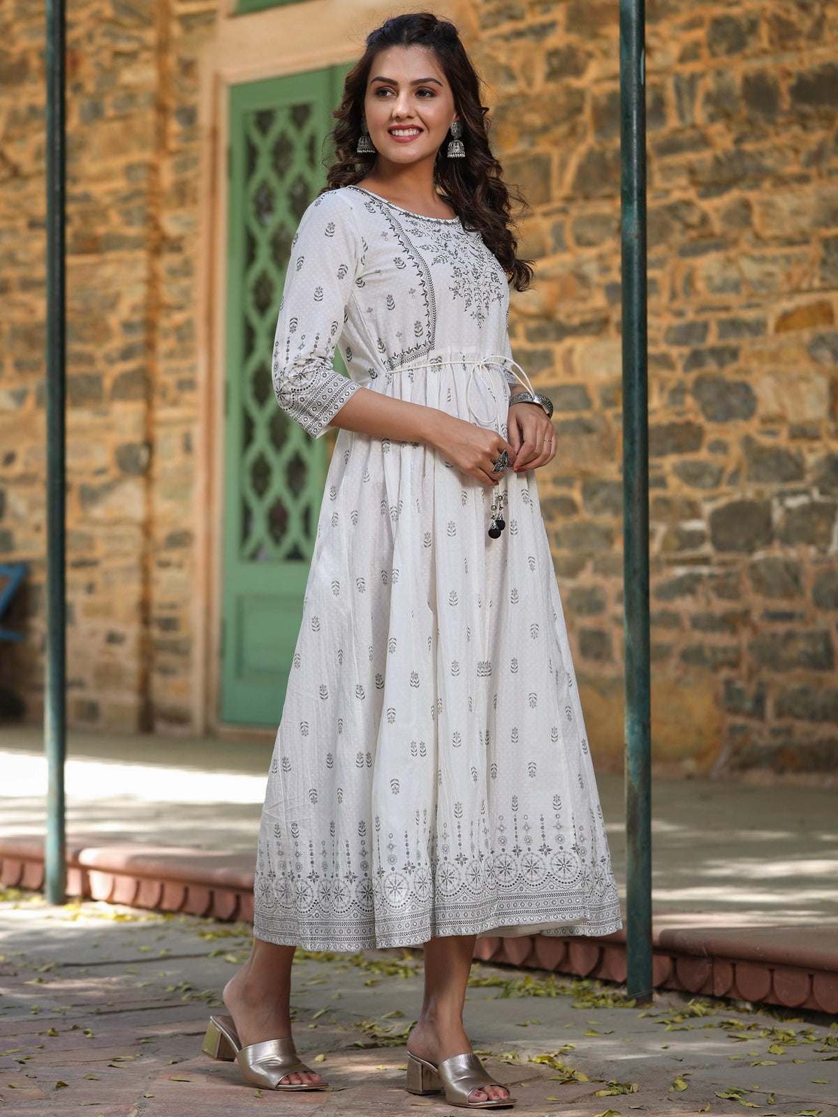 Juniper White Pure Cotton Printed Kurta, Sharara & Dupatta Set With Beads & Sequins | Grocsy