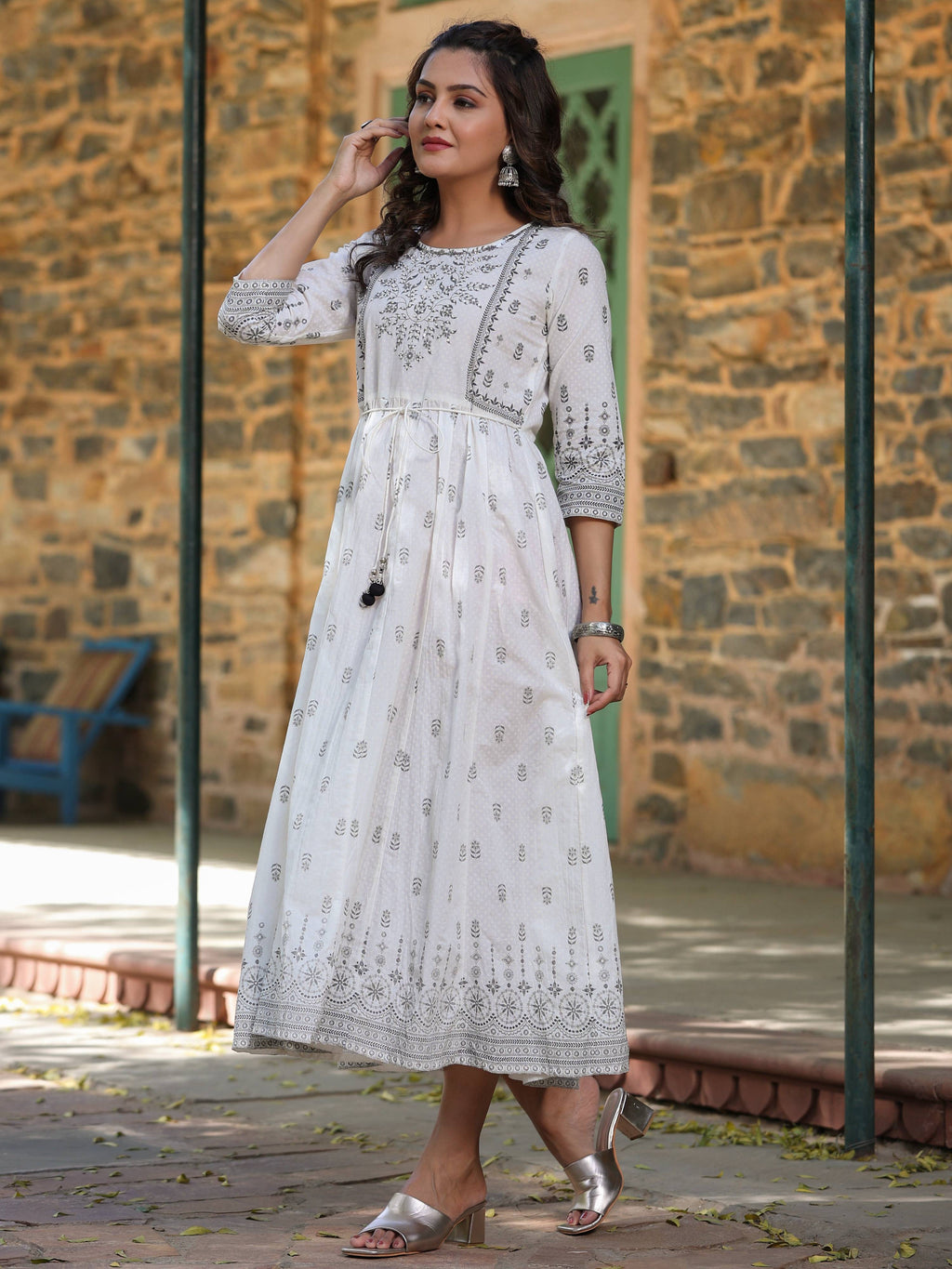 Juniper White Pure Cotton Printed Kurta, Sharara & Dupatta Set With Beads & Sequins | Grocsy