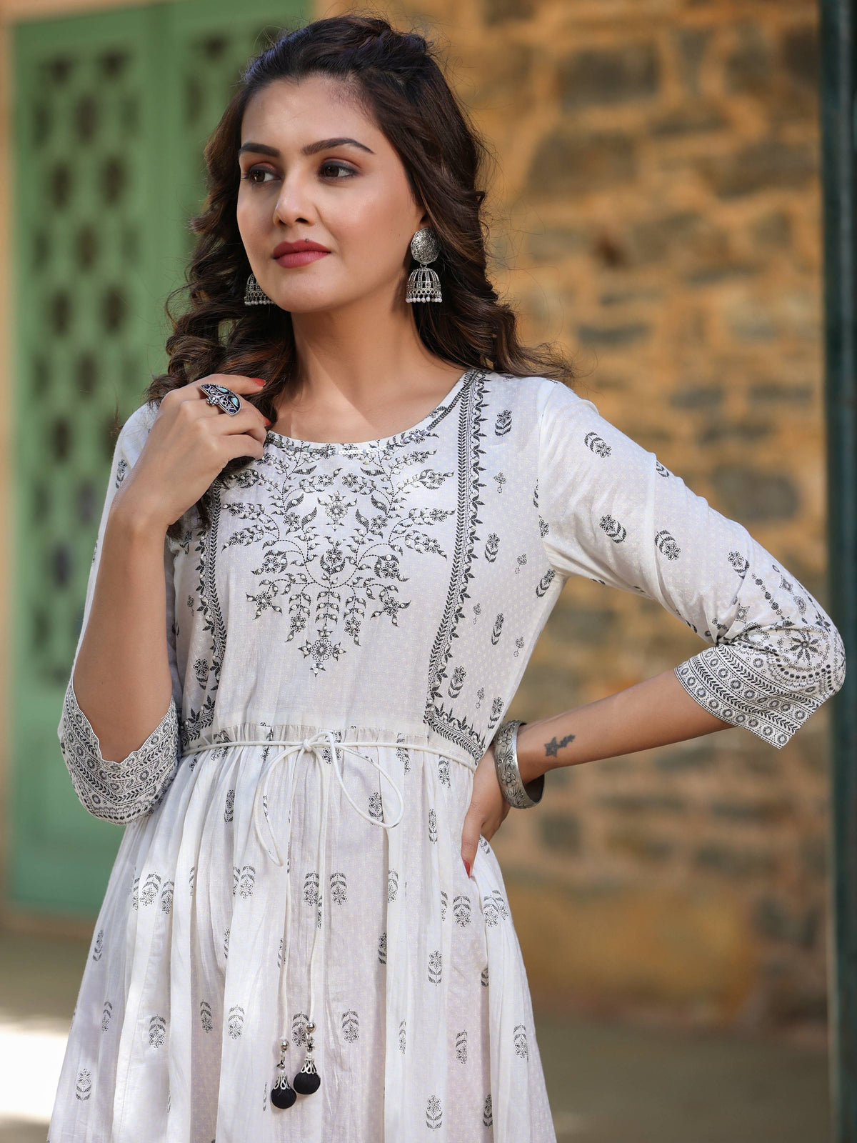 Juniper White Pure Cotton Printed Kurta, Sharara & Dupatta Set With Beads & Sequins | Grocsy