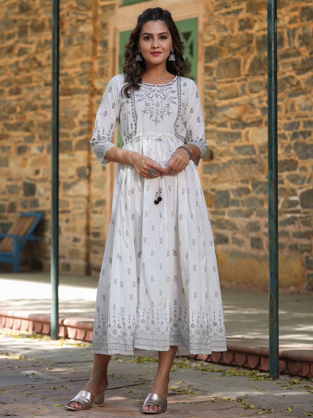 Juniper White Pure Cotton Printed Kurta, Sharara & Dupatta Set With Beads & Sequins | Grocsy