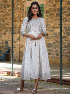 Juniper White Pure Cotton Printed Kurta, Sharara & Dupatta Set With Beads & Sequins | Grocsy