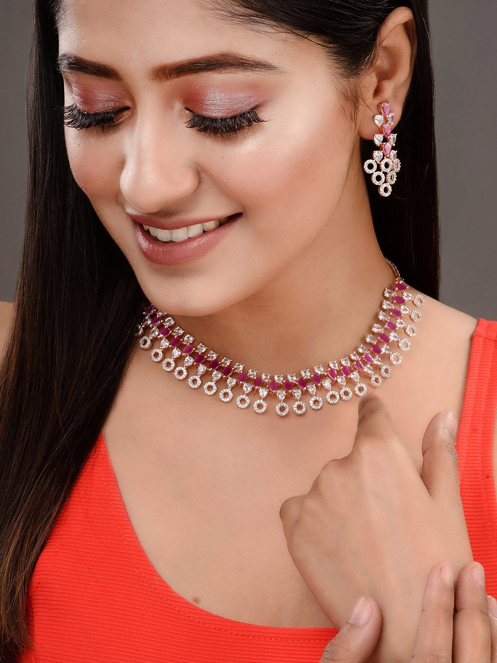 Saraf RS Jewellery Rose Gold-Polished Red AD-Studded Jewellery Set | Grocsy