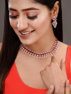 Saraf RS Jewellery Rose Gold-Polished Red AD-Studded Jewellery Set | Grocsy