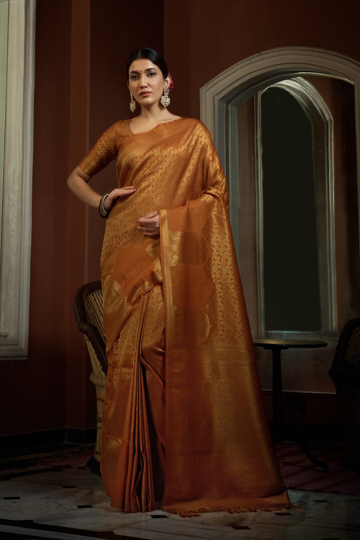 Vardha Ochre Yellow Golden Zari Kanjeevaram Silk Saree | Grocsy