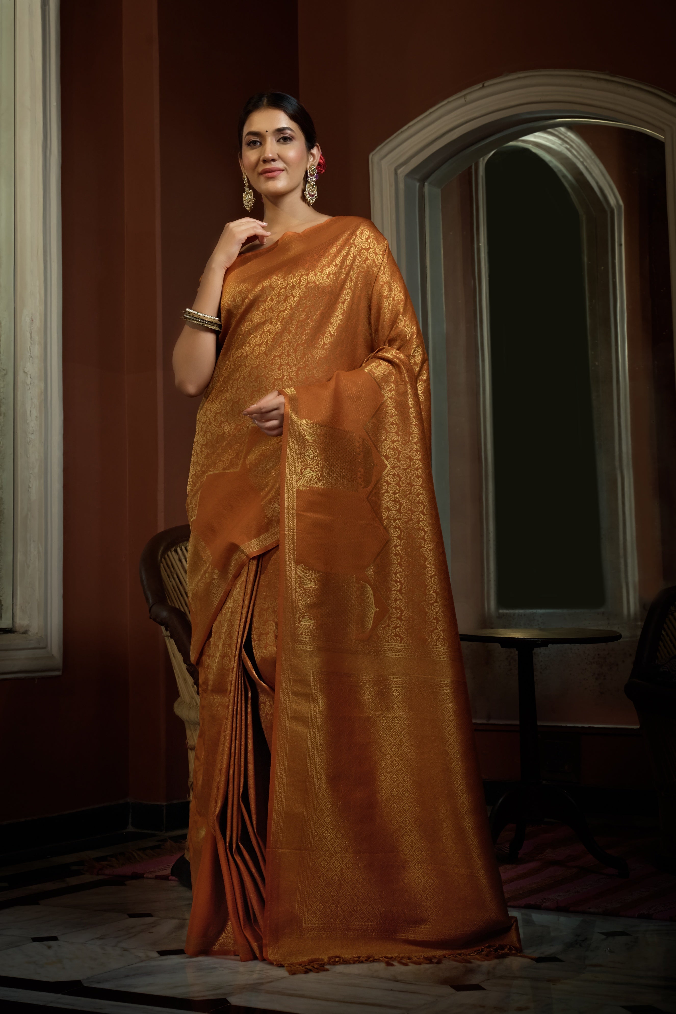 Vardha Ochre Yellow Golden Zari Kanjeevaram Silk Saree | Grocsy