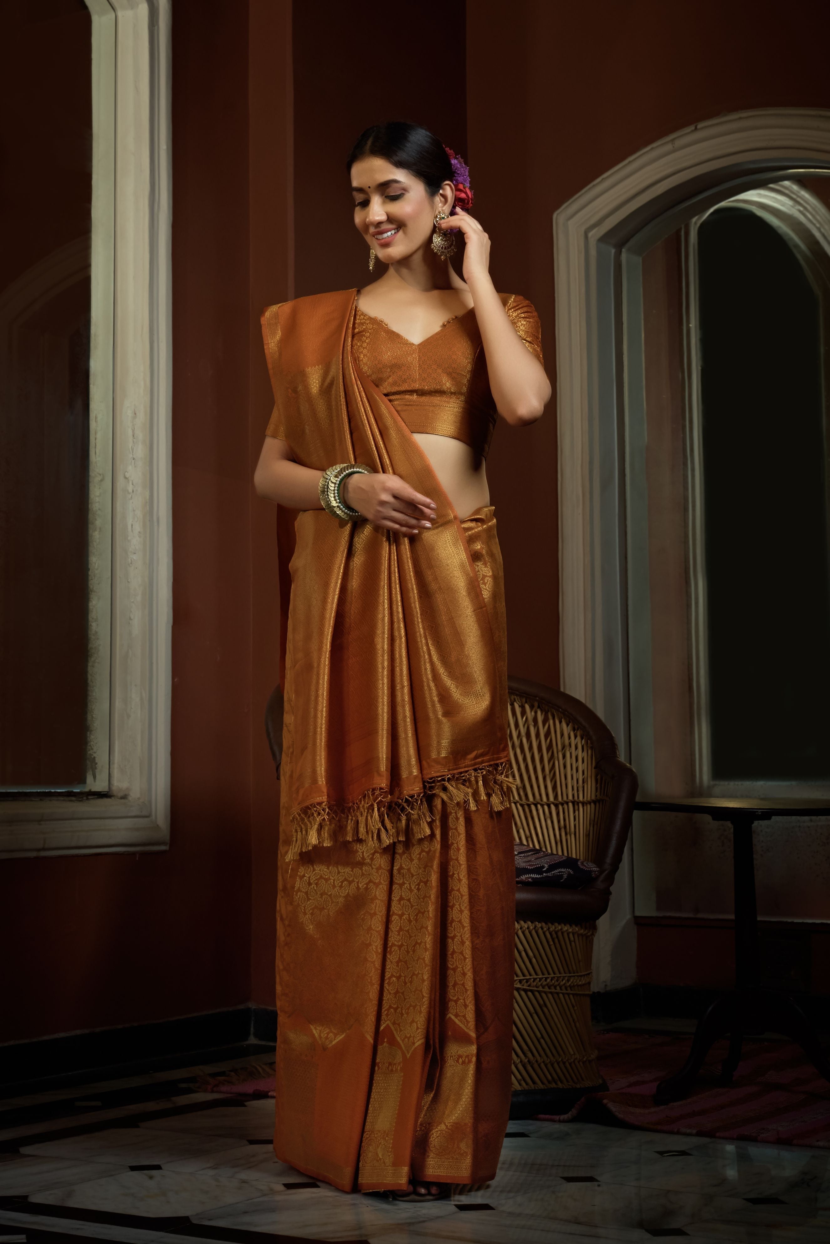 Vardha Ochre Yellow Golden Zari Kanjeevaram Silk Saree | Grocsy