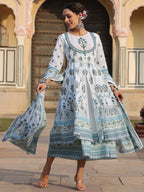 Juniper Sky Blue Ethnic Motif Printed Pure Cotton Layered Dress & Kota Dupatta Set With Thread Work | Grocsy