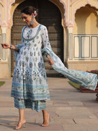 Juniper Sky Blue Ethnic Motif Printed Pure Cotton Layered Dress & Kota Dupatta Set With Thread Work | Grocsy