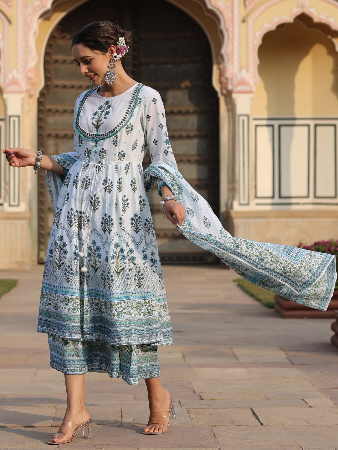Juniper Sky Blue Ethnic Motif Printed Pure Cotton Layered Dress & Kota Dupatta Set With Thread Work | Grocsy