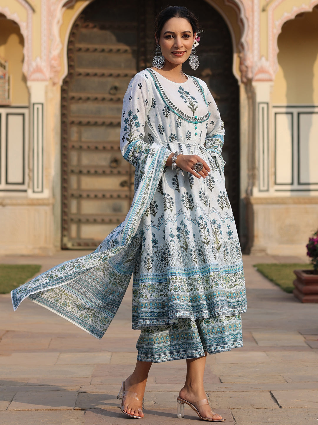 Juniper Sky Blue Ethnic Motif Printed Pure Cotton Layered Dress & Kota Dupatta Set With Thread Work | Grocsy