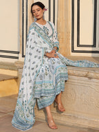 Juniper Sky Blue Ethnic Motif Printed Pure Cotton Layered Dress & Kota Dupatta Set With Thread Work | Grocsy