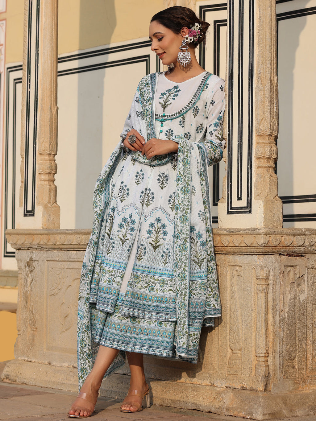 Juniper Sky Blue Ethnic Motif Printed Pure Cotton Layered Dress & Kota Dupatta Set With Thread Work | Grocsy