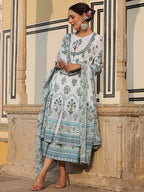 Juniper Sky Blue Ethnic Motif Printed Pure Cotton Layered Dress & Kota Dupatta Set With Thread Work | Grocsy