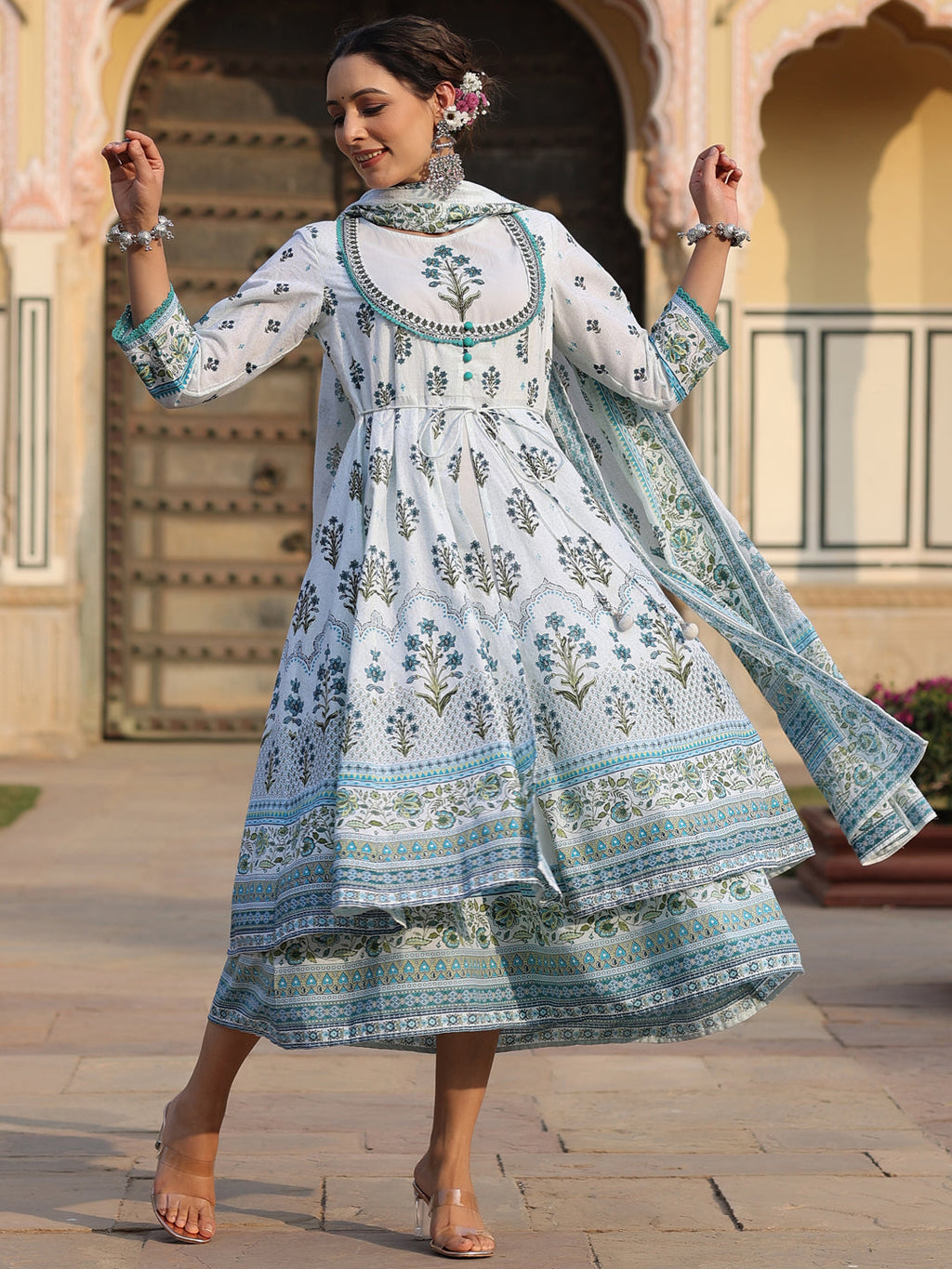 Juniper Sky Blue Ethnic Motif Printed Pure Cotton Layered Dress & Kota Dupatta Set With Thread Work | Grocsy