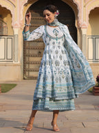 Juniper Sky Blue Ethnic Motif Printed Pure Cotton Layered Dress & Kota Dupatta Set With Thread Work | Grocsy