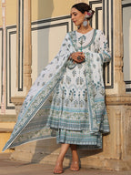 Juniper Sky Blue Ethnic Motif Printed Pure Cotton Layered Dress & Kota Dupatta Set With Thread Work | Grocsy