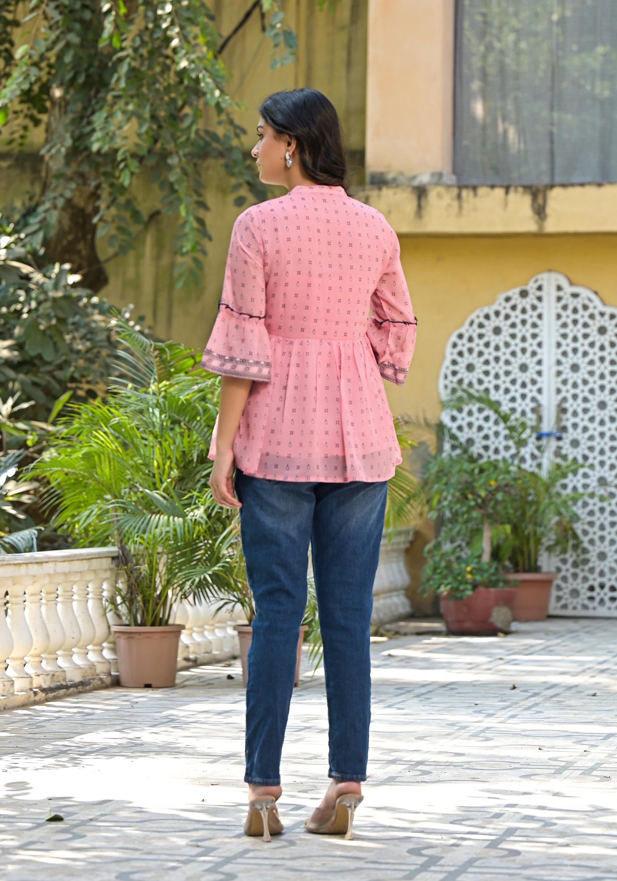 Juniper Women's Peach Ethnic Motif Printed Georgette Tunic With Sequins & Doris | Grocsy