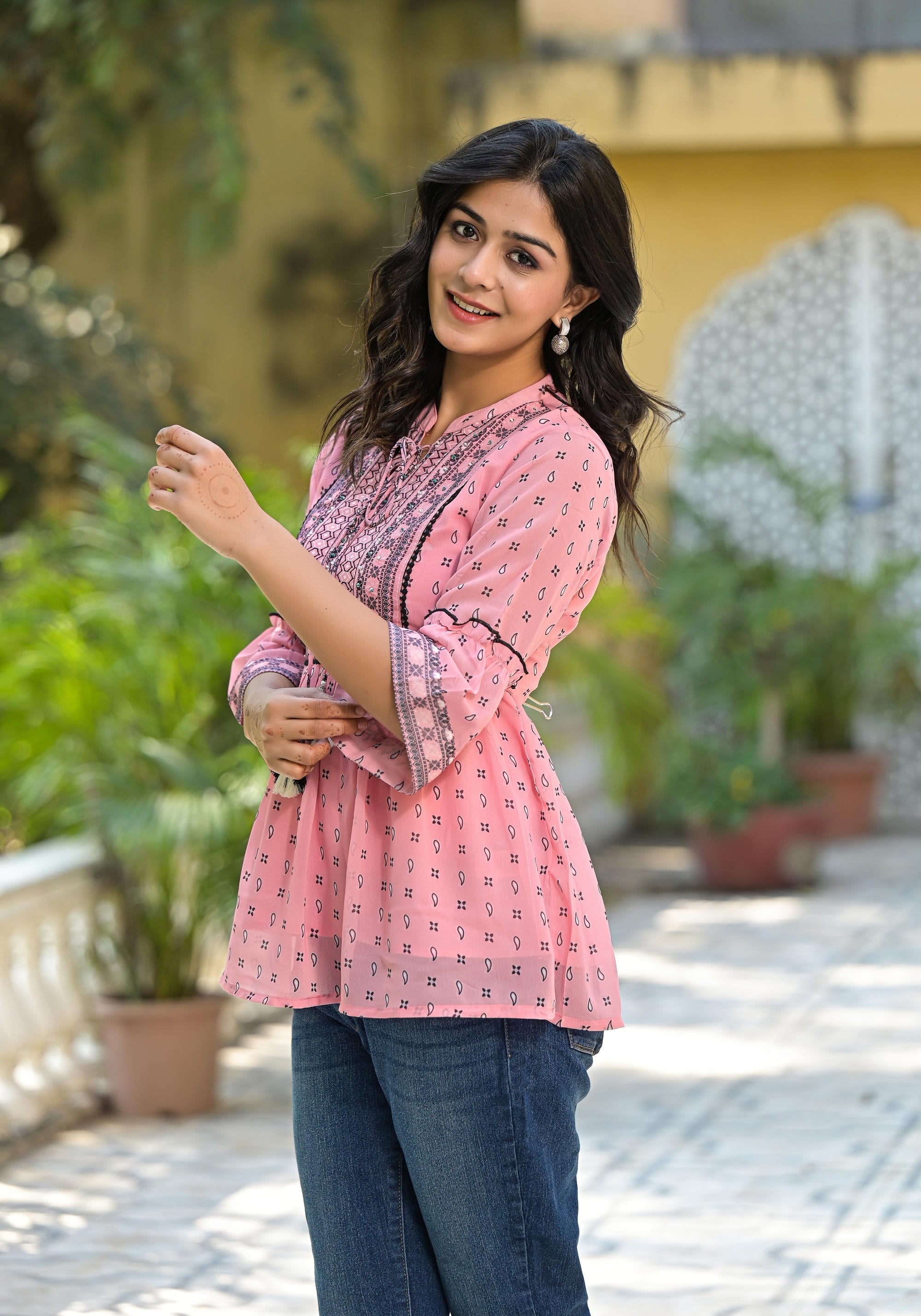 Juniper Women's Peach Ethnic Motif Printed Georgette Tunic With Sequins & Doris | Grocsy